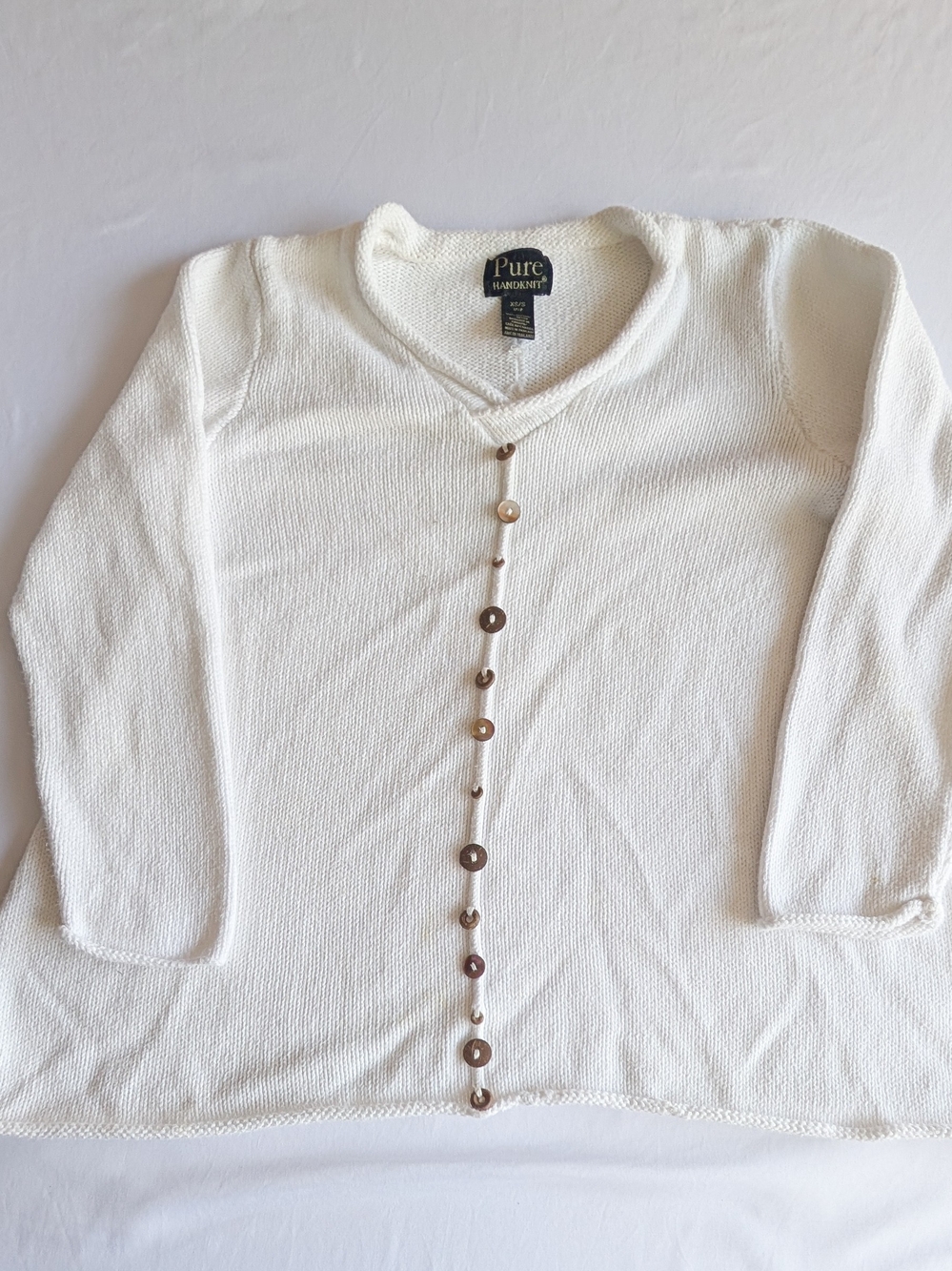 Pure Handknit White 100% Cotton Knit Sweater Brown Buttons Women's XS/S Petite